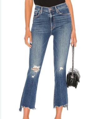 MOTHER Blue Distressed High-Rise Cropped Flare Jeans
